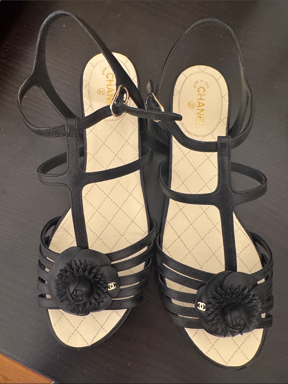 CHANEL Camellia T-Strap Sandals 39